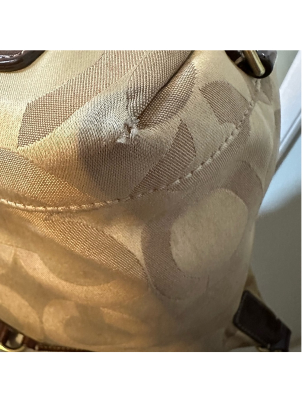COACH Large Brown Leather and Tan Fabric Signature Canvas Satchel - Picture 6 of 10